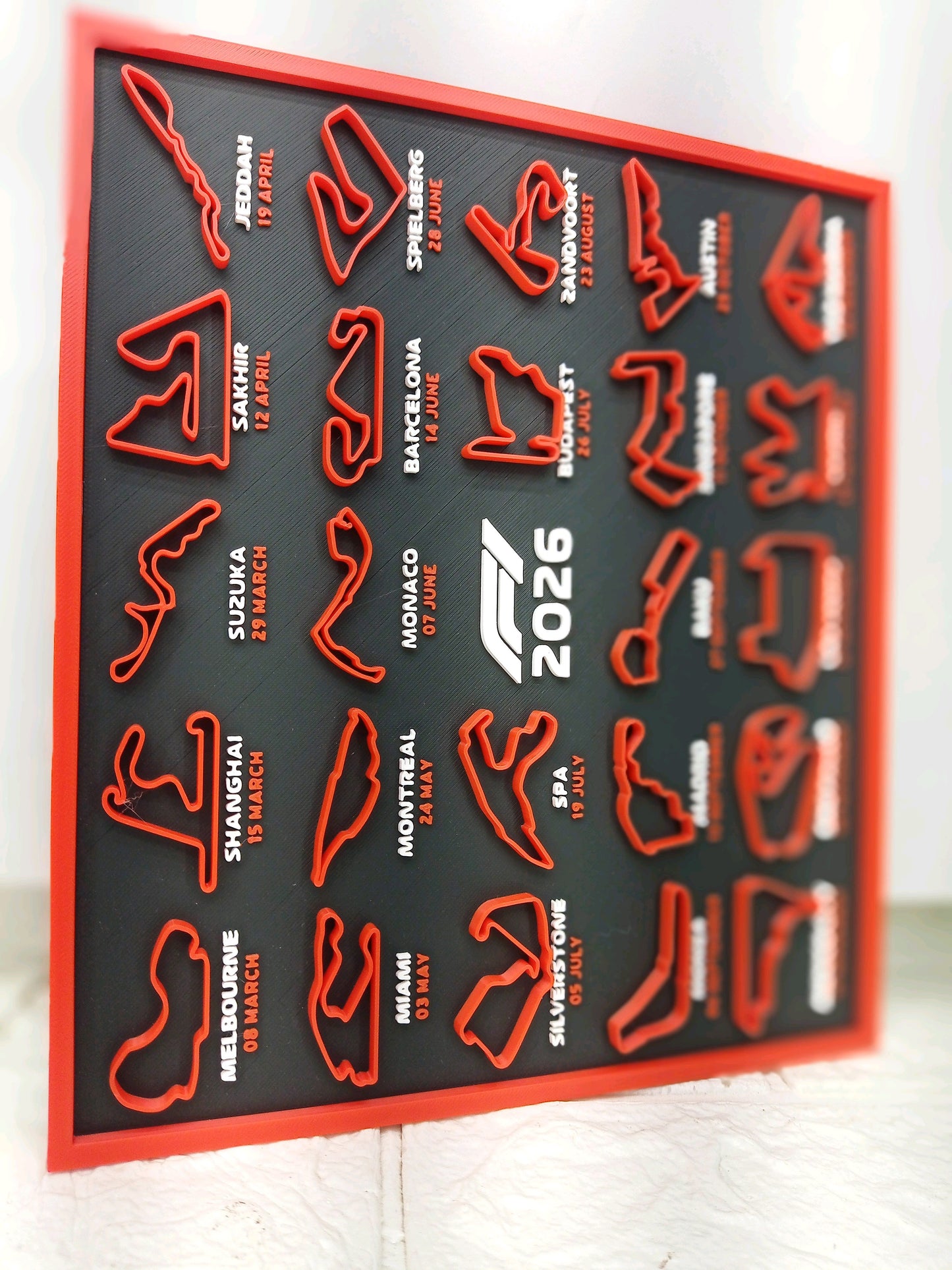 F1 Calendar 2026, 3D Display Stand, Red and Black Desk decor, Circuit Raised Track Designs, Motorsport Theme with Stand