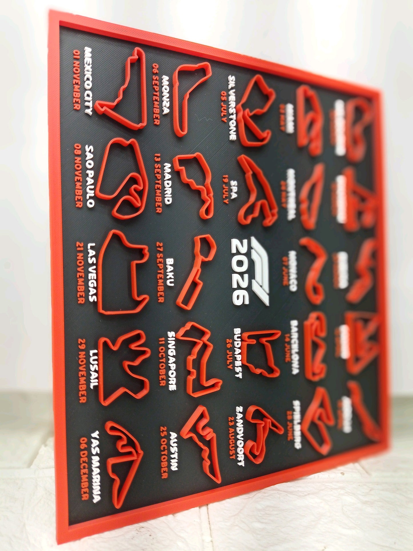 F1 Calendar 2026, 3D Display Stand, Red and Black Desk decor, Circuit Raised Track Designs, Motorsport Theme with Stand
