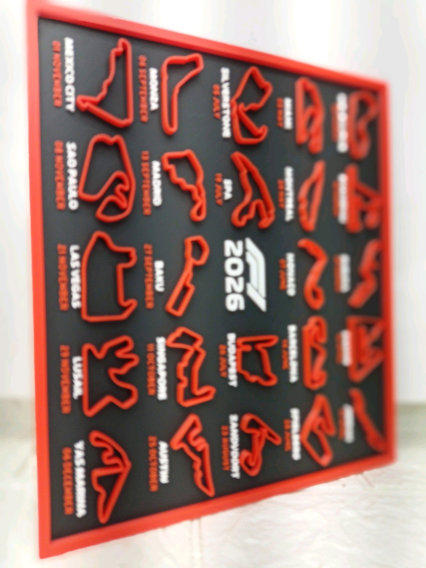 F1 Calendar 2026, 3D Display Stand, Red and Black Desk decor, Circuit Raised Track Designs, Motorsport Theme with Stand