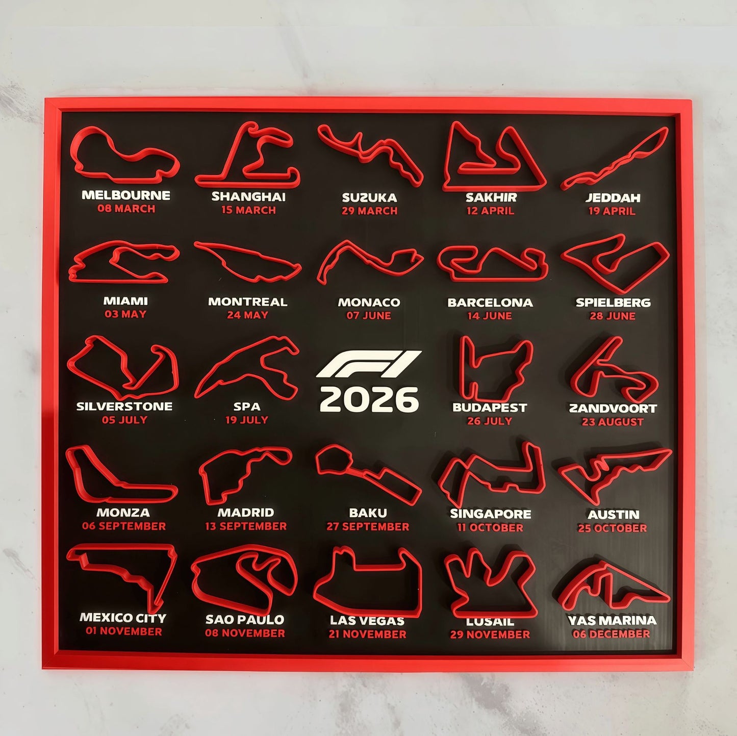 F1 Calendar 2026, 3D Display Stand, Red and Black Desk decor, Circuit Raised Track Designs, Motorsport Theme with Stand