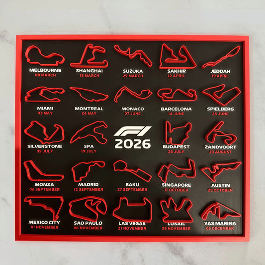 F1 Calendar 2026, 3D Display Stand, Red and Black Desk decor, Circuit Raised Track Designs, Motorsport Theme with Stand